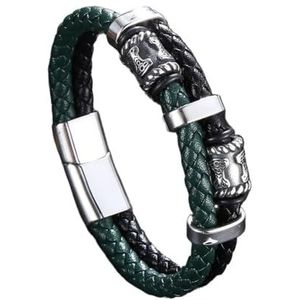 Thor's Hammer Lederen Armband Voor Heren - Viking Roestvrij Staal Mjolnir Kralen Geweven Touw Armbanden - Dubbellaags Gevlochten Lederen Manchet Polsband Paar Sieraden (Color : Green_195MM)