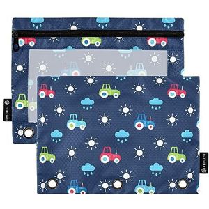 FRODOTGV Cars Tractoren Blauwe Binder Potlood Pouches 3- Potlood Pouches 2 Pack Clear Pencil Case Rits 3 Hole Binder voor 3- Binder