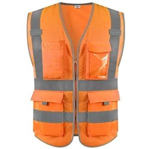 Fluorescerend Vest Reflecterend pak gebreide stof ademende veiligheid reflecterend vest met pocket rits hoog zichtbare lichtstrook Reflecterend Harnas (Color : Orange, Size : XL)