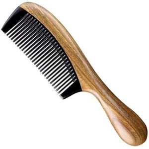 Sunjiyan Handgemaakte kam van sandelhout en buffelhoorn, antistatische kam van natuurlijk sandelhout voor haarontgifting (fijne tanden)