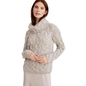 Aran Woollen Mills Womens Chunky Cable Cowlneck Sweater, Toast Haver, L