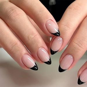 24 stuks zwarte kunstnagels Franse tip - sterke nepnagels met lijm - gotische plaknagels - volledige dekking nageltips en lijm for vrouwen Franse nagelkunst(Black)