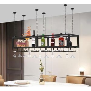 Plafondplank - Plafond hangende wijnglashouder, Europese stijl smeedijzeren massief houten opbergrek, multifunctioneel hangende wijnrekken/flessenrek, met 100 cm ijzeren ketting wijnglasrek (maat: 1