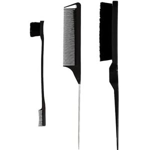 3-delige haarkam, dubbele randkam, rattenstaart-kam, borstelharen, haarknip, haarkam, kapperskam, haarborstel, voor kapper, thuis (zwart)