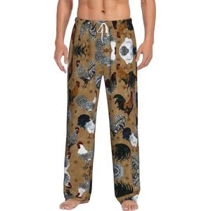 Haan En Kip Print Mannen Lange Lounge Wear Broek Nachtkleding Pyjama Bodems Nachtkleding Nachtkleding Met Zakken En Trekkoord, Wit, S