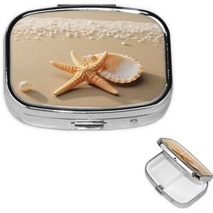 Pillendoos met 2 vakken voor handtas en tas, reispillendoos, zeester, schelp en strand, mooie medicijnorganizer voor vitaminen, visolie