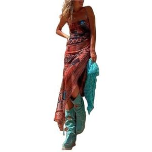Dames bloemenjurken Boheemse sexy mouwloze bedrukte stretch maxi rok split slip mesh jurk dames(Color:Blue,Size:L)