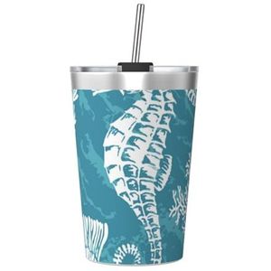 12oz Mok, Geïsoleerde Tumbler met Conisch Stro, Koffie Cup Auto Cup Reizen Fles, Zeeschelpen Zeepaardje Koraal