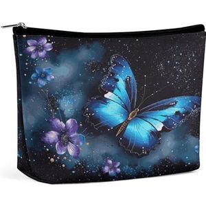 JKLQWH Lederen make-uptas, waterdichte make-uptas voor vrouwen, melkwegblauwe vlinder, open platte toilettassen, draagbaar zakje met rits, make-up organizer hoesje voor reisaccessoires, Galaxy Blue
