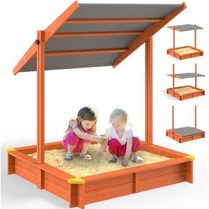 Spielwerk Zandbak Sami met dak 120 x 120 cm geïmpregneerd hout vulniveau schaal UV 50+ randbescherming bodemvlies zandspeelgoed kinderen zandbak zandbak