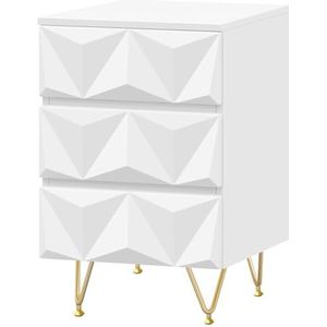 EUGAD Nachtkastje met 3 laden met 3D-effect vormgegeven, bijzettafel, nachtkastje, 40 x 62,5 x 40 cm, voor boxspringbed slaapkamer woonkamer, decoratief, wit + goud, 0004CTG