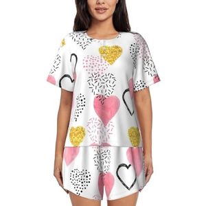YJxoZH Goud Roze Hart Print Womens Zomer Pyjama Sets Nachtkleding Dames Korte Mouw Nachtkleding Pjs Lounge Met Zakken, Zwart, XL