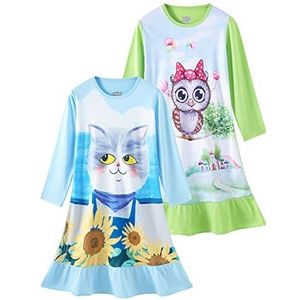 LOLPIP Nachthemden voor meisjes, jurk, kinderen, nachthemden, eenhoorn, nachthemd, set van 2, 3-10 jaar, kat + uil, 3-4 Jaar