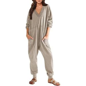 Haibang Jumpsuit met lange mouwen voor dames, V-hals, casual, oversized, jumpsuit, losse pasvorm, comfortabele eendelige en lounge-romper, eendelige pyjama, outfits met zakken, Khaki (stad), S