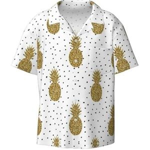 EdWal Goud Glitter Ananas Fruit Print Heren Korte Mouw Button Down Shirts Casual Losse Fit Zomer Strand Shirts Heren Jurk Shirts, Zwart, L