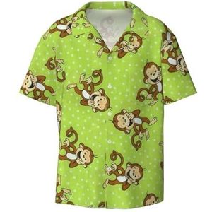 Groen Clever Monkey Print Heren Button Down Shirt Korte Mouw Casual Shirt Voor Mannen Zomer Business Casual Jurk Shirt, Zwart, L