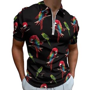 Groen Rood Papegaaienpatroon Polo Shirt voor Mannen Casual Rits Kraag T-shirts Golf Tops Slim Fit