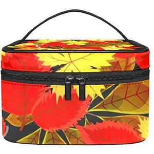 Herfstblad zwarte make-up organizer tas, reismake-up tas organizer case draagbare cosmetische tas voor vrouwen en meisjes toiletartikelen, Meerkleurig, 22.5x15x13.8cm/8.9x5.9x5.4in