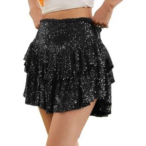 Lewey Sexy mini-rok met pailletten voor dames | Glinsterende A-lijn korte rok met plooien, Zwart, L