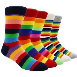 LCKJLJ Maat 41-48 Casual Mode Katoen Grappige Lange Mannen Sokken Contrast Kleur Regenboog Grotere Maat Streep Sokken voor Mannen, 5 Paren- NY018, EU41-48