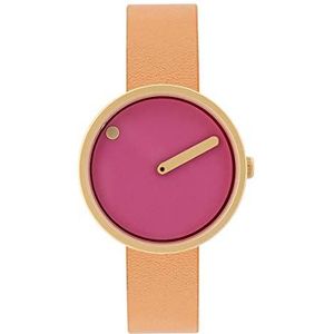 PICTO Dames horloge 30mm gouden kast roze wijzerplaat en bruin lederen band 43342-4512MG, armband