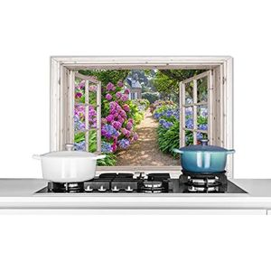 Spatscherm Keuken - 90x60 cm - Hortensia - Doorkijk - Bloemen - Zomer - Paars - Pad