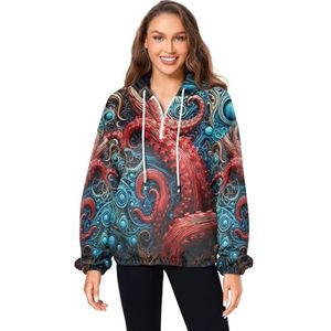 KAAVIYO Abstracte blauwe rode octopus pluizige jas pullover hoodie capuchon zakken fuzzy fleece sweatshirt ronde hals truien hoodies voor meisjes vrouwen, Patroon, M