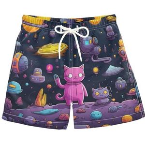 KAAVIYO Katten met Doodle Space Beach Shorts voor Jongens Zwemkleding voor Jongens, Patroon., S