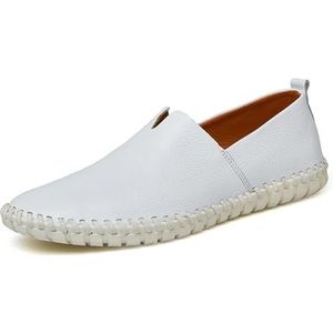 Men's Slip-on Loafers Fashion Breathable Flat Loafers Comfortable Anti-Slip Soft Sole Walking Driving Shoes(Color:White,Size:EU 42)