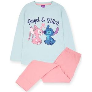 Disney Lilo & Stitch Meisjes Pyjama Set | Blauw grafisch T-shirt met lange mouwen en roze pyjama met lange pijpen voor kinderen | Angel & Stitch Love Nachtkleding | Nachtkleding voor kinderen
