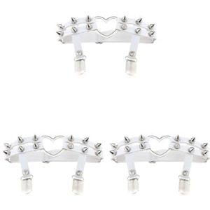 3 Set van 1x Vrouwen Lederen Dubbele Riem Hart Kousenband Elastische Klinknagel Stud Been Jarretelgordel, Wit