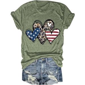 Luipaard Liefde Hart Amerikaanse Vlag Print Tees Shirt Voor Vrouwen Zomer Onafhankelijkheid Dag Gift T-Shirt Korte Mouw Tops, Olijfgroen, XXL