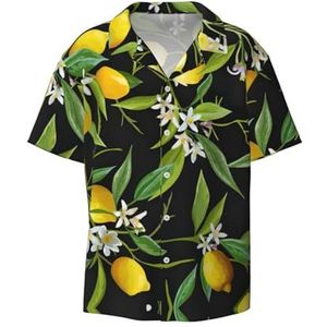 OdDdot Citroen- en bloemenprint herenoverhemden atletisch slim fit korte mouw casual zakelijk overhemd met knopen, Zwart, XXL