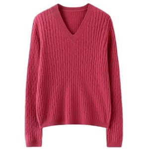 Wollen trui voor vrouwen herfst winter basic V-hals korte effen trui lange mouwen gebreide trui, rozerood, M
