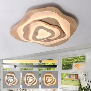 WayLuoung Houten LED-Plafondlamp | Ø80cm 65W 5500lm | 3000K-6000K Dimbaar Met Afstandsbediening, Moderne Natuurlijke Houten + Acryl Wolkenlamp, Woonkamer Kind Slaapkamer Keuken Eetkamer Thuiskantoor