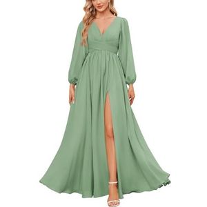 KURFACE Bruidsmeisjesjurken met lange mouwen en split geplooide chiffon formele jurk met mouwen formele jurk, Sage Groen, 32