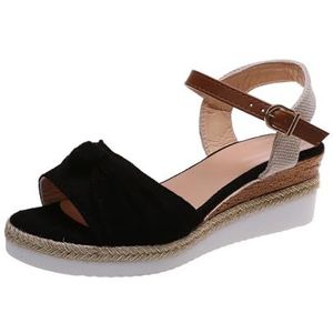 Vrouwen Zomer Sandalen Met Strik Vintage Espadrilles Sleehak Sandalen Licht Platform Sandalen Leisure Strand Schoenen 2024 Nieuwe Vrouwen Elegante Slippers (Color : Black, Size : 40 EU)