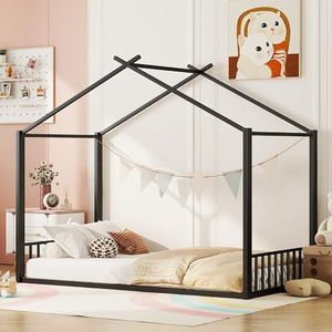 Aunvla 90 x 200 cm plat bed, ijzeren frame, kinderbed, omlijsting, zwart