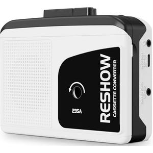 Reshow Draagbare cassettespeler met ingebouwde luidspreker en hoofdtelefoonaansluiting, USB-cassette-naar-MP3-converter, digitale conversiespeler met volledig stereogeluid - wit