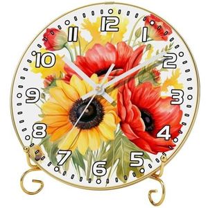YTYVAGT Wandklok, klokken voor slaapkamer, werkt op batterijen, aquarel rode en gele bloemen, ronde stille klok 9,4 inch
