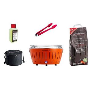 LotusGrill XL Starterset: Mandarijn Oranje Houtskoolgrill Met USB-Aansluiting, Beukenhoutskool, Brandpasta, Worsttang en Transport-Draagtas - Rookarm