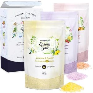 Nortembio Epsomzout Cadeaupakket Geuren Jasmijn, Kaneel en Rozen 3 x 180 g | Natuurlijk Magnesium met Vitamines C en E | Ontspanningsbaden, Spa, Hydratatie + Gratis E-Book