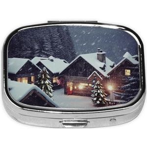 X-Mas Sneeuwprint Pillendoos Vierkante Metalen Pillenetui met 2 Compartimenten Draagbare Mini Pillenorganisator Leuke Pillencontainer voor Pocket Portemonnee Kantoor Reizen