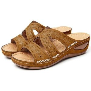Immemorialm Pantoffels voor dames met orthopedische sleehak, instappers, open tenen, sandalen met sleehak, bruin, 40 EU