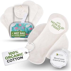 Premium maandverband, wasbaar, biologische viscose, met antislip print, voor lichte menstruatie (S+M, x 6); herbruikbare menstruatiebescherming, wasbaar op hoge temperatuur, zacht en niet irriterend