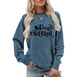 MLZHAN Stoere Oude Vogel Brief Print Vrouwen Sweatshirt Mode Casual Shirt Lange Mouw Shirt Truien Harajuku Losse Tops, Blauw, S