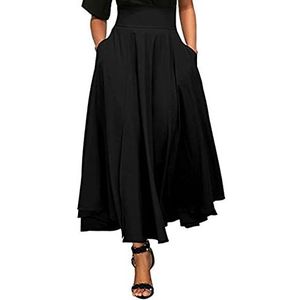 Nieuwe elegante mode vrouwen hoge taille uitlopende geplooide lange rokken zigeuner maxi rok + zakken 5 maten lange rok rokken womens-black,L