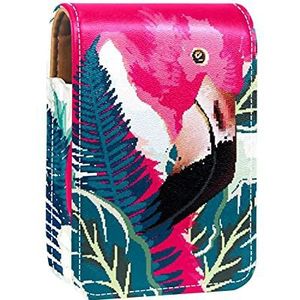 Aquarel Flamingo en Leave Prints Lipstick Case Mini Lipstick Houder Organizer Tas met Spiegel voor Portemonnee Reizen Cosmetische Pouch, Meerkleurig, 9.5x2x7 cm/3.7x0.8x2.7 in, Beauty Case