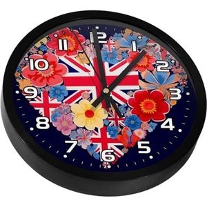 YTYVAGT Wandklok, klokken voor slaapkamer, werkt op batterijen, Britse vlag hart bloem, ronde stille klok 9,8 inch