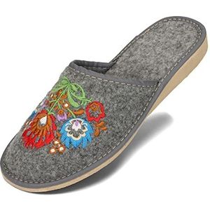BeComfy Dames Pantoffels Licht Vilt met Geborduurde Bloemen in Grijs 36-41 EU (Grijs Kleurrijke Bloemen, EU-systeem voor schoenmaten, Volwassene, Numeriek, Normaal, 40)
